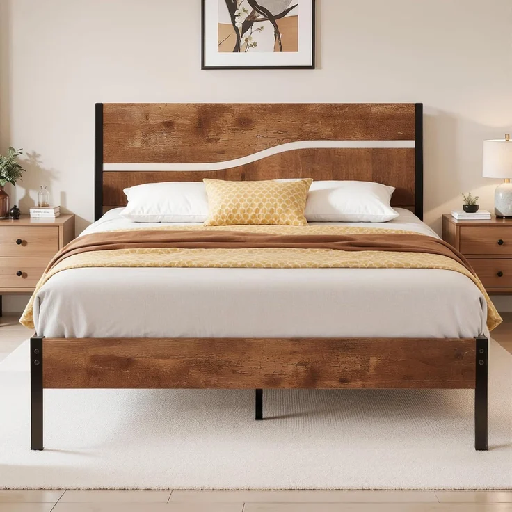 VECELO Bettgestell 140x200 cm Bettrahmen mit Lattenrost, Doppelbett Metallbett mit Dick Holzkopfteil, Modern Gästebett Jugendbett, Perfekt für Erwachsene und Jugendliche, Braun – Bild 1