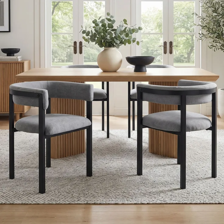 2 Esszimmerstühle aus grauem Chenille mit C-förmiger Rückenlehne und Metallgestell,H 76 x T 61 x B 50 cm