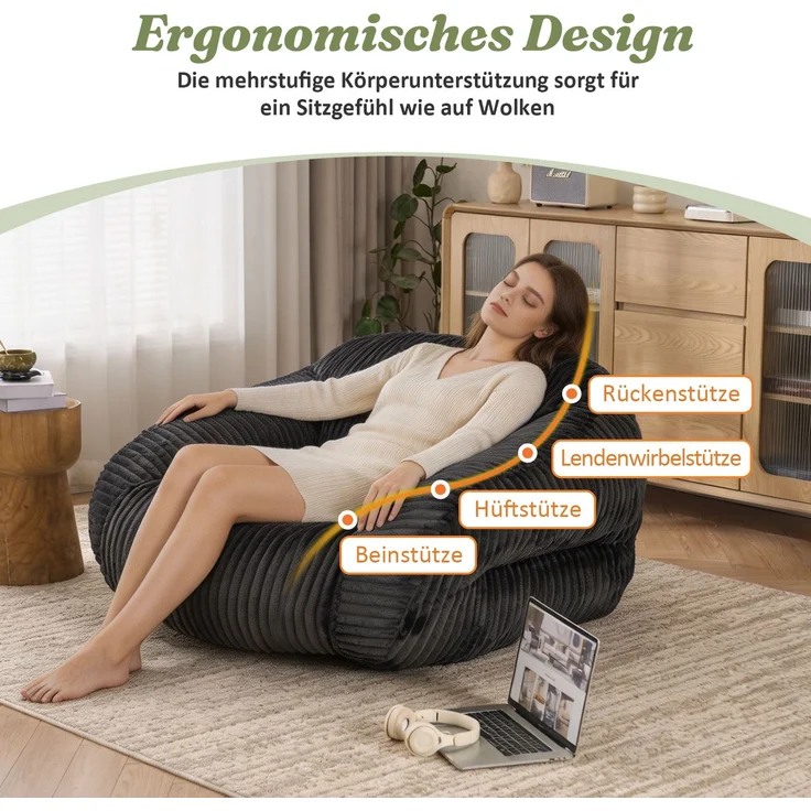 Sitzsack für Erwachsene, flauschiger Loungesessel Cord, vakuumverpackt und montagefrei, für Wohnzimmer, Schlafzimmer, Balkon(Dunkelgrau)--Dunkelgrau--116x110x61cm--YOUDENOVA – Bild 5