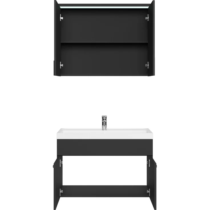 Badplaats Badmöbel Komplettset Paso 02 80 x 40 cm Schwarz Hochglanz - Badezimmermöbel mit Waschbecken und Spiegelschrank – Bild 3