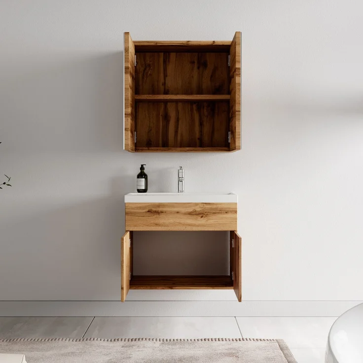Badplaats Badmöbel Komplettset Montreal 60x35 cm Eiche - Badezimmermöbel mit Waschbecken und Spiegelschrank – Bild 3