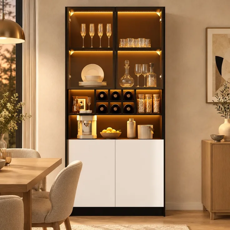 Glasvitrine 80x30x180 cm mit LED-Beleuchtung, Flaschenhalter und zwei Türen