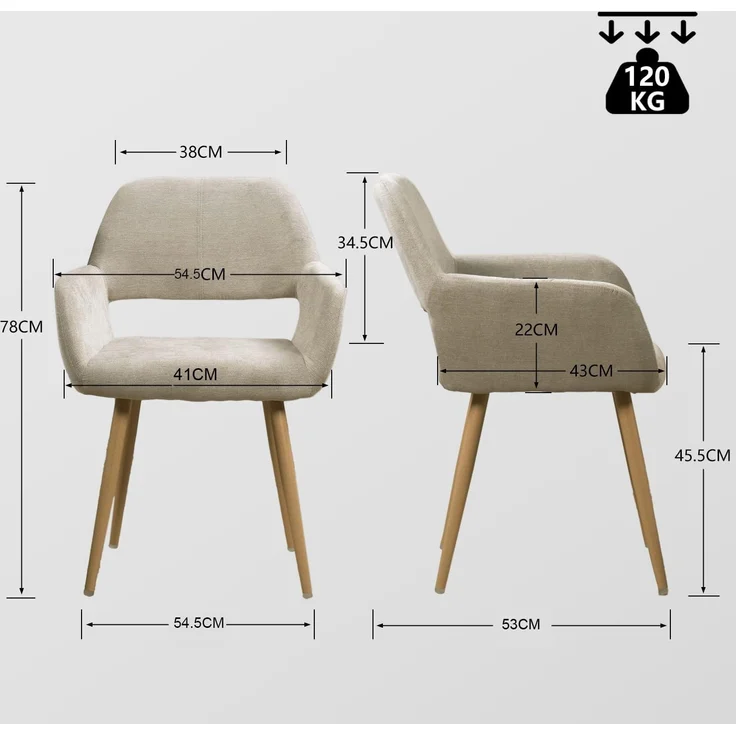 MEUBLE COSY Esszimmerstühle 4er Set Küchenstuhl Polsterstuhl mit Armlehne Sessel aus Stoff Wohnzimmerstuhl Metallbeine, Beige, 56 x 56 x 78 cm – Bild 3