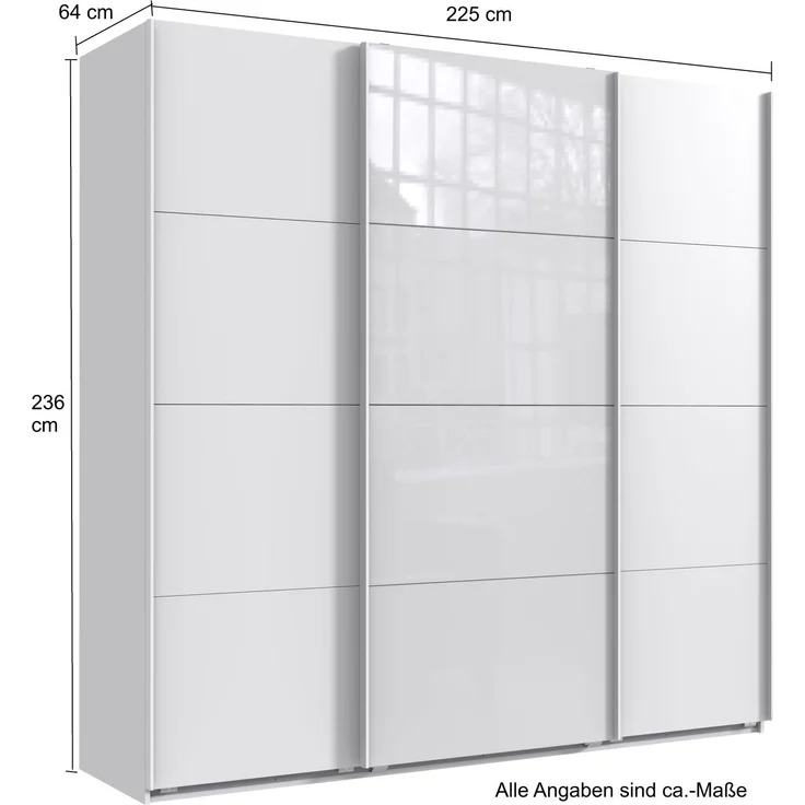 Schwebetürenschrank Kleiderschrank B225 cm extra H236 cm 3-türig. Weiß, 1x Tür Glas Weiß – Bild 5