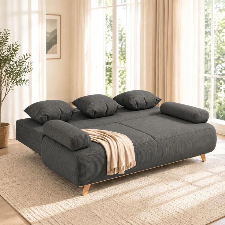 Schlafsofa mit Bettfunktion & Stauraum, Cordbezug, 188x100x84 cm, Grau – Bild 3
