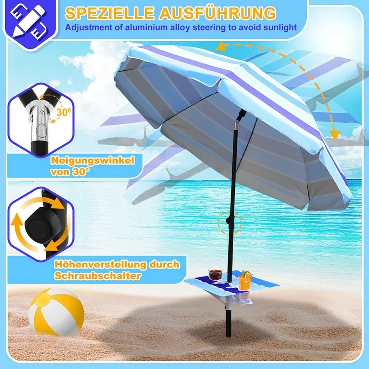 Clanmacy Sonnenschirm ∅210 cm, Strandschirm, Sonnenschutz UPF 50+, Ablagefläche, 1 x Sonnenschirm,1 x Klapptisch,1 x Haken,1 x Tragetasche, 2-in-1 Sonnenschirm und Strandschirm, Schirm höhenverstellbar,für Garten, Balkon,Terasse/Sonnenschutz UV50+ – Bild 3