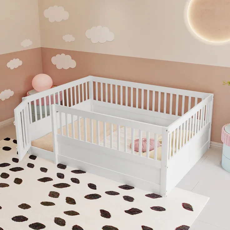 Kinder Bodenbett aus massivem Kiefernholz 140x200 cm mit Zaun & Tür,sicheres Spielbett,offenes Hausbett,Weiß