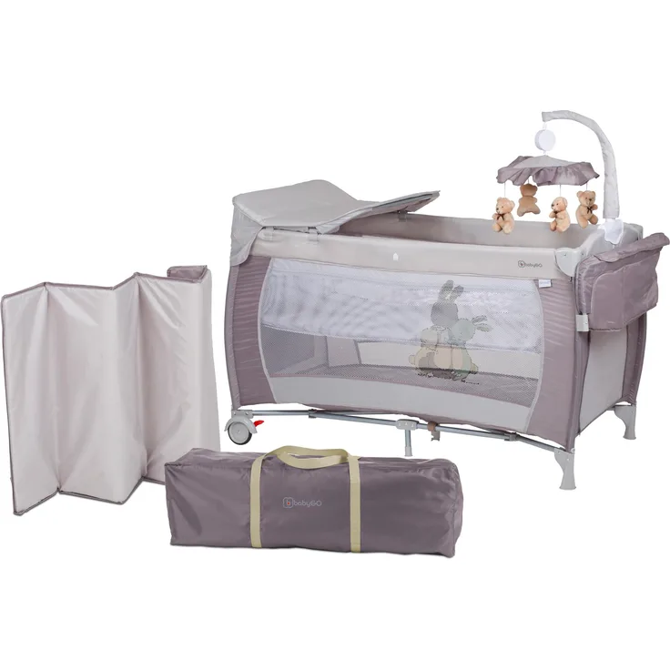 BabyGO 'Sleeper deluxe' Reisebett 60x120 cm, beige, mit Matratze, Wickelauflage, Mobile und Schlupf
