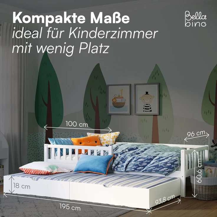 Bellabino 'Vils' Kinderbett 90x200 cm mit Gästebett 90x190 cm, weiß, Kiefer Massivholz, Montessori Bett mit Ausziehbett, mit abnehmbarem Rausfallschutz und Lattenrost – Bild 8