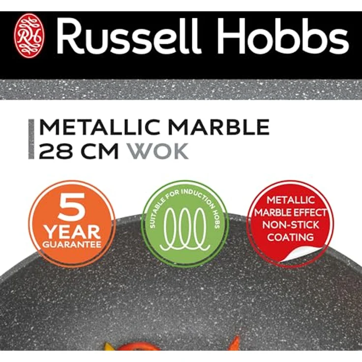 Russell Hobbs RH02812EU7 Metallic Marble Wok - Antihaftpfanne, Familienpfanne sautieren, 28cm große Universal-Kochpfanne, Deckel aus gehärtetem Glas mit Dampfbelüftung, geeignet für Induktionskochfeld – Bild 3