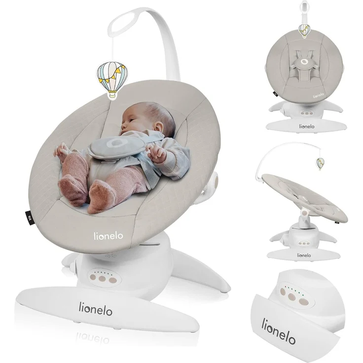 LIONELO Iris Elektrisch Babywippe 360o drehbar für Babys bis zu 9 kg Verstellbare Rückenlehne, 5 Wiegegeschwindigkeiten Rutschfester Sicherheitsgurt, 12 Melodien Bügel mit Spielzeug Babypflege