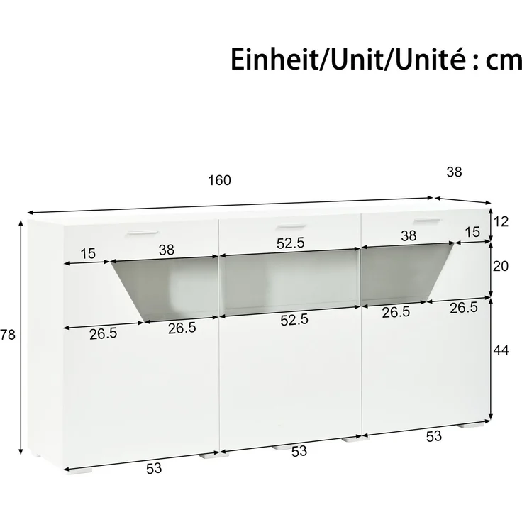 DESVIAE Sideboard Weiß aus Spanplatte – 160x78x38 cm – 3 Türen, LED-Beleuchtung – Bild 10