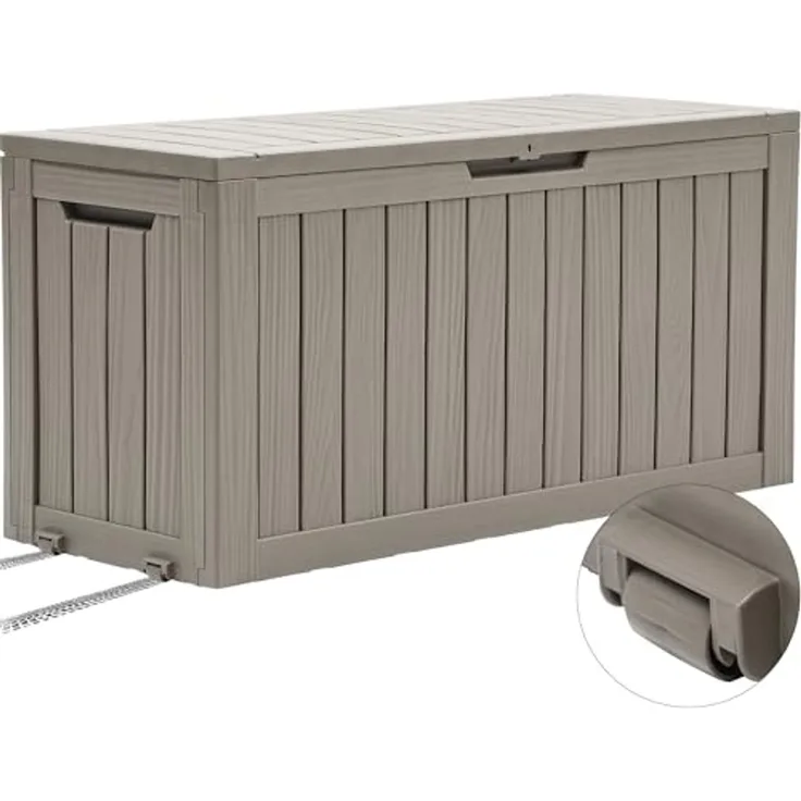 YITAHOME Outdoor-Aufbewahrungsbox mit Rollen, 270L Kunststoff-Gartenbox, Wetterfeste Aufbewahrungskiste für Kissen, Werkzeug & Poolzubehör, Abschließbar, Holzoptik, 114,7 x 46,5 x 57,6 cm, Hellbraun