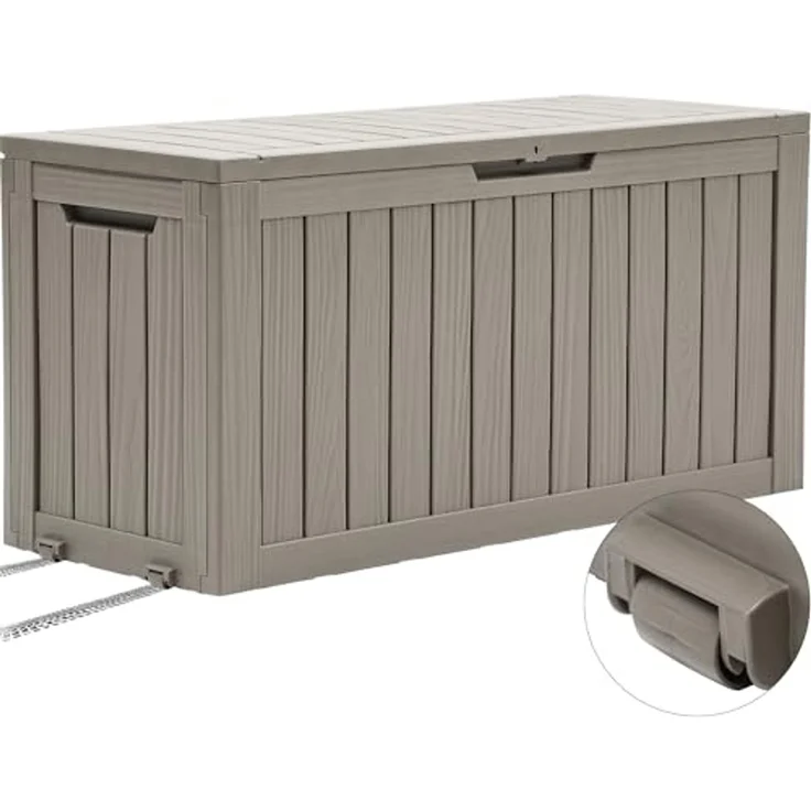 YITAHOME Outdoor-Aufbewahrungsbox mit Rollen, 270L Kunststoff-Gartenbox, Wetterfeste Aufbewahrungskiste für Kissen, Werkzeug & Poolzubehör, Abschließbar, Holzoptik, 114,7 x 46,5 x 57,6 cm, Hellbraun – Bild 1
