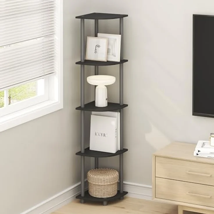 Furinno Turn-N-Tube Eckregal, 5-stöckiges Eck Bücherregal, Offene Aufbewahrungsregale, für Organisation und Aufbewahrung, Wohnzimmer, Home Office, Garage, Schlafzimmer, Rein Schwarz – Bild 2