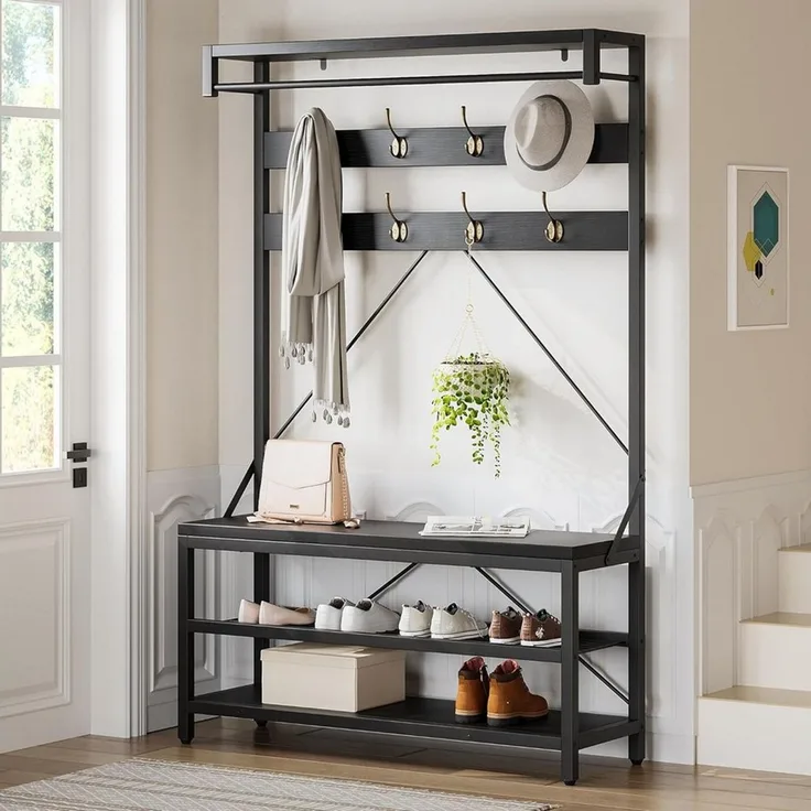 GarveeMore Garderobenständer 4-in-1 mit Sitzbank,3 Etagen Ablage und 8 Haken,183cm, mit Schuhbank,verstellbare Füße,Kleiderstange,101x40x183cm