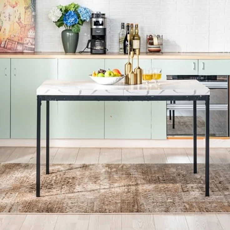 FurnitureR Esstisch 120cm Heller Luxus-Marmoreffekt-Küchentisch mit Hochleistungsmetallbeinen Moderner hölzerner rechteckiger Esstisch für 4-6 Person Esszimmer Restaurant Apartments, weißer Marmor – Bild 2