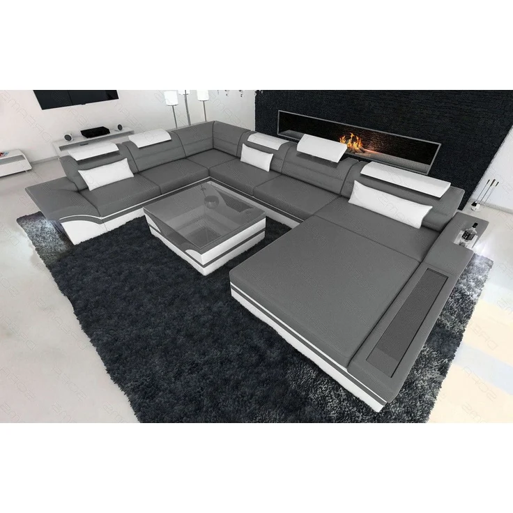 Mini Designer-Wohnlandschaft Mezzo XXL mit LED - Büffelleder - Grau-Weiß - Rechts – Bild 6