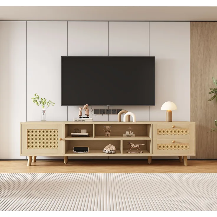 TV-Schrank, 160x39x40,5 cm, TV-Schrank in Eichenoptik mit Rattanfronten, 2 Schubladen & 1 Tür