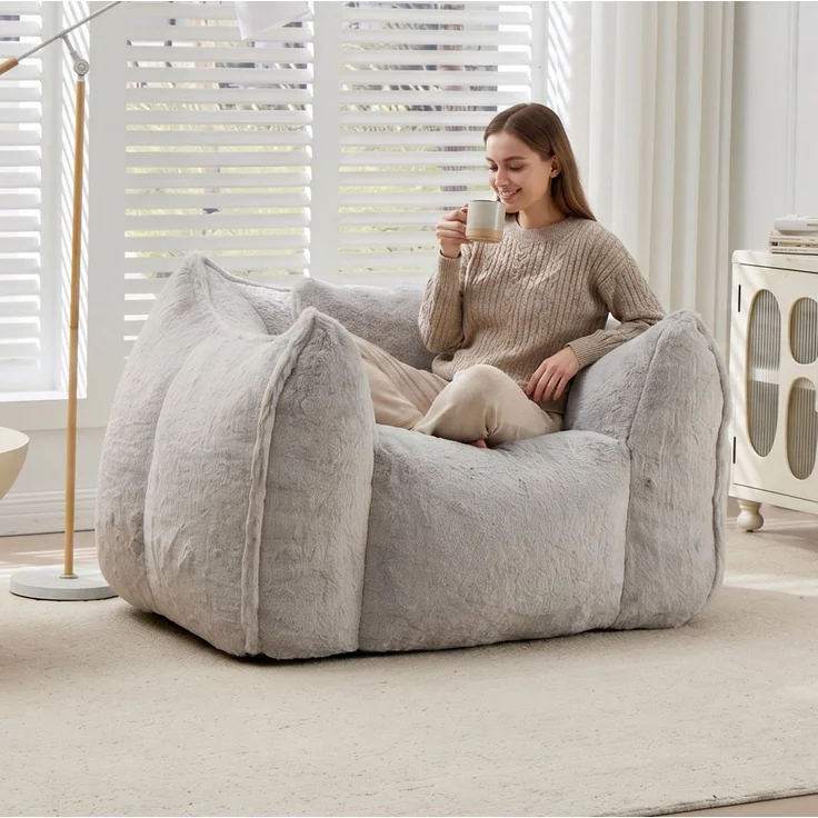 Sitzsack 123cm×97cm×73cm mit Kissen – weicher Relaxsessel mit Lammfell-Optik und Formschaum, Grau – Bild 3