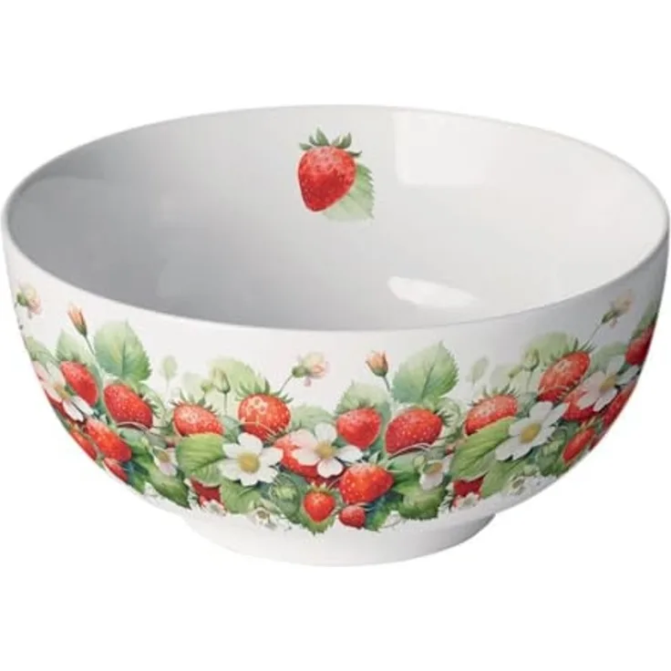 Ambiente Luxury Paper Products Müslischale, Keramik, Schale Porzellan 14x6,5cm mit Erdbeeren und Blüten Motiv Rot / Weiß