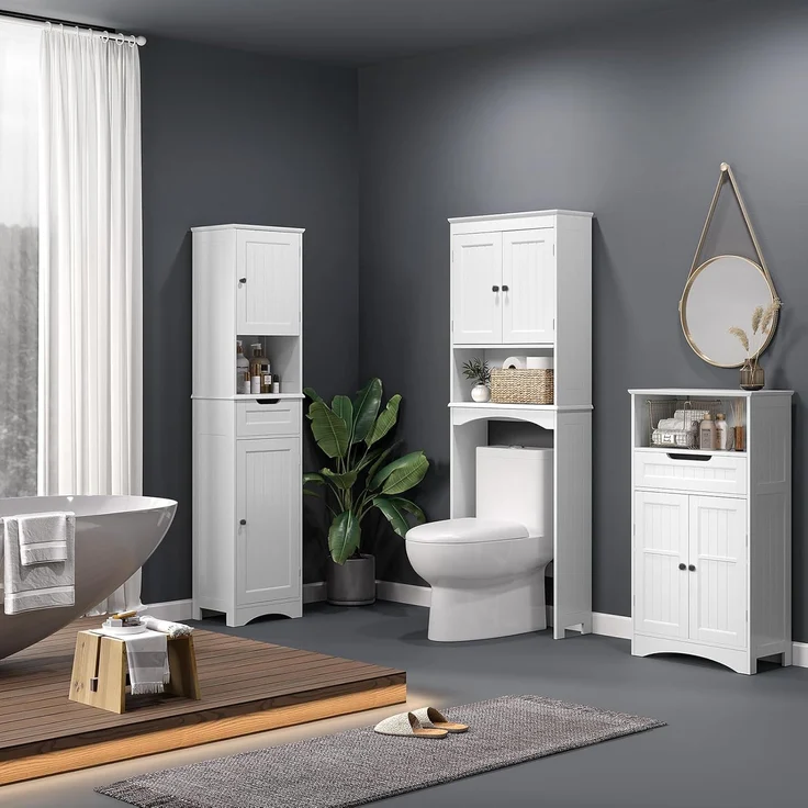 Bealife Toilettenregal, Regal über Toilette mit 3-stufigen verstellbaren Regalen, WC Überbauschrank Freistehend, 167 x 60 x 23 cm Überbau Toilettenschrank mit Doppeltüren für Badezimmer – Weiß – Bild 8