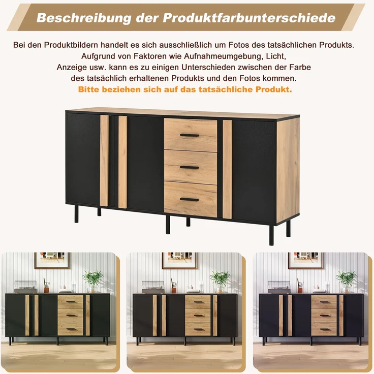 Merax Sideboard 140 x 35 x 70 cm aus MDF, Kommode mit 3 Türen und 3 Schubladen, Beistellschrank, Schrank mit 6 stabilen Metallbeinen, Schwarz + Naturholzfarbe – Bild 6