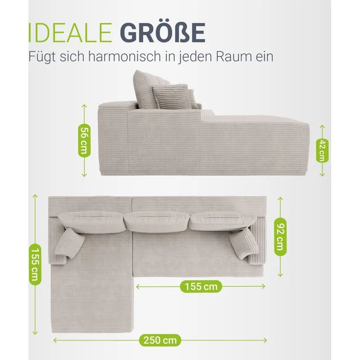 Juskys Sofa Coredo - modernes Cord Sofa mit Ottomane links, gemütliche Couch mit Schaumstoffpolsterung, Cordbezug & Kissen, modular - Beige – Bild 5