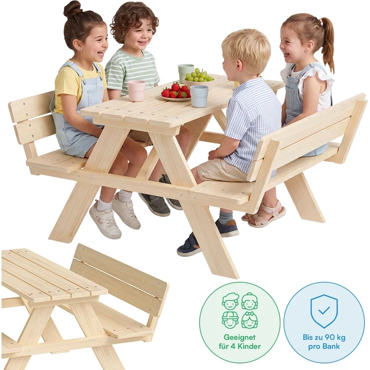 Bellabino 'Inny' Sitzgarnitur für Kinder mit Lehne, Kiefer massiv, natur unbehandelt, 50x102x89 cm, Kindersitzgarnitur für 4 Personen, ab 2 Jahren – Bild 1