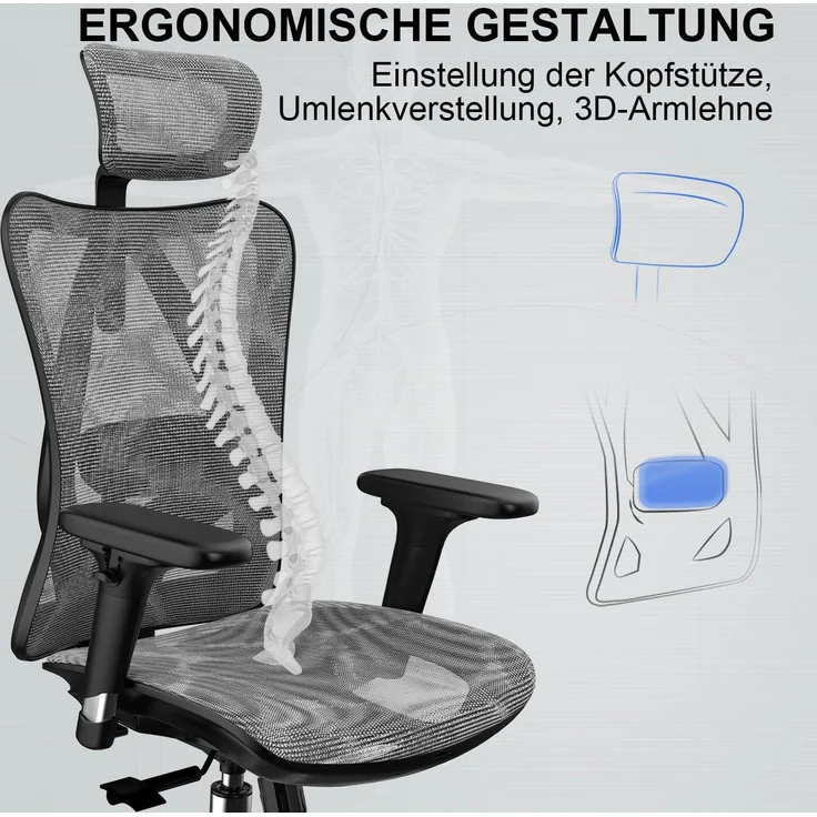 SIHOO Ergonomischer Bürostuhl, Chefsessel mit 3D verstellbare Armlehne und Lendenwirbelstütze, Hautfreundliche Netz-Hochlehne, Schreibtischstuhl bis 150kg/330LB Belastbar, Grau – Bild 5