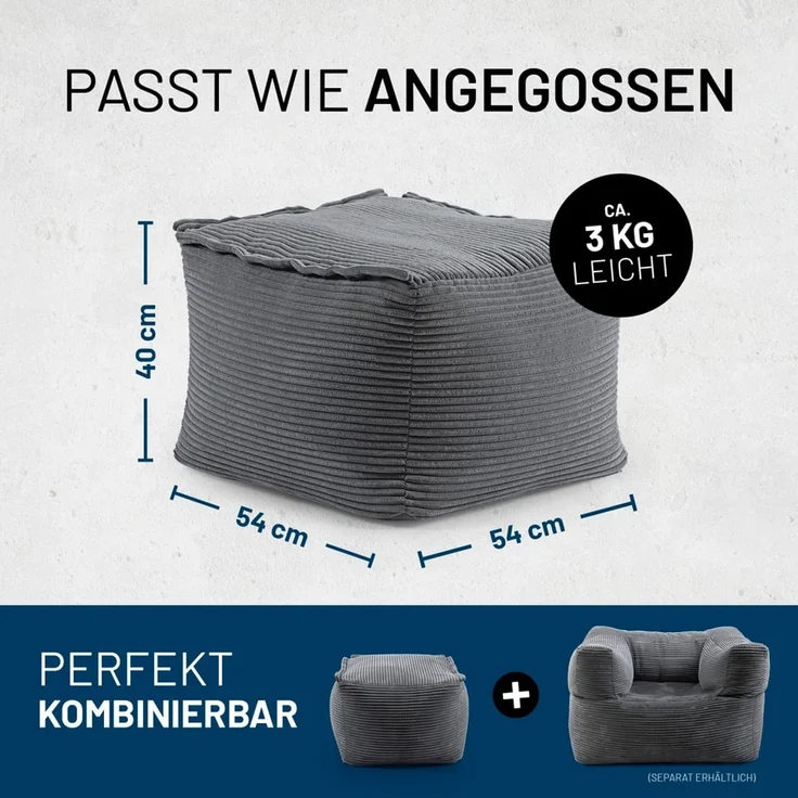 Lumaland Sitzsack-Sofa, Polyester, Pouf, Cord - Grau, 40 x 54 x 54 cm – Bild 2