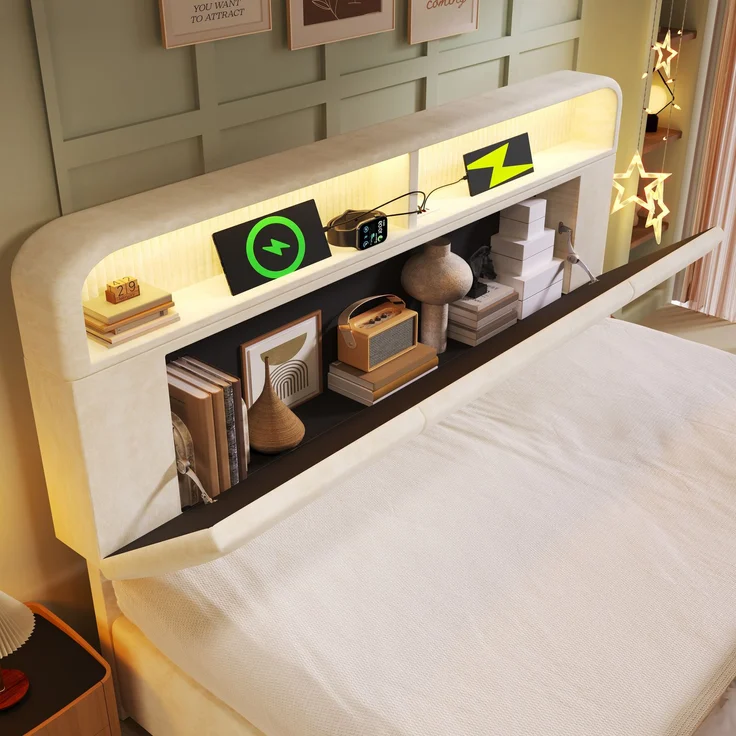EINHOM Polsterbett Einzelbett 140 x 190 cm mit Höhenverstellbarem Stauraum-Kopfteil, Hydraulisches Bett mit LED-Beleuchtung & USB/Type-C Ladestation, Samt, Lattenrost, Beige (Ohne Matratze) – Bild 6