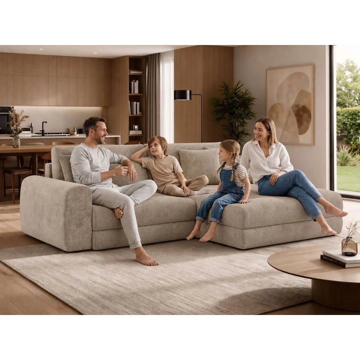 Sofa L-Form ARELIA L mit Schlaffunktion, Wohnzimmer Sofa, Wellenfederung, Sofa mit DL-System - Schenille grob gewebt Creme - Links – Bild 3