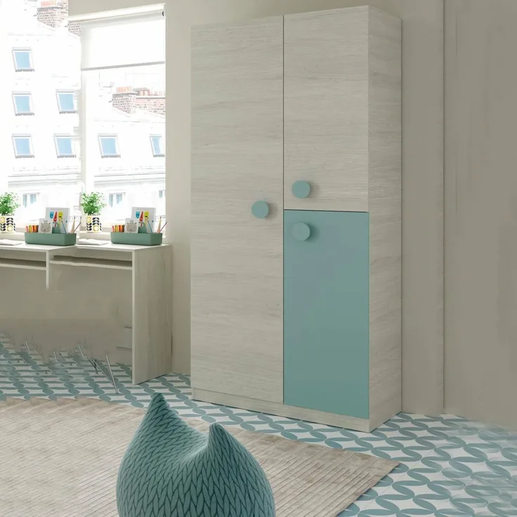 Dmora - Garderobe Manchester, Kleiderschrank im Schlafzimmer, Schrank mit 3 Türen und 3 Einlegeböden mit Kleiderstange, cm 90x52h200, Weiß und blaugrün