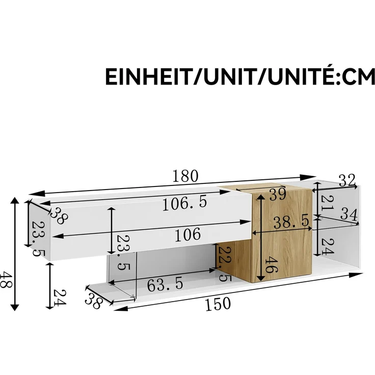 TV-Schrank 180 cm in Weiß Hochglanz mit Holzoptik, Lowboard mit Türen und Glasregalen – Bild 9