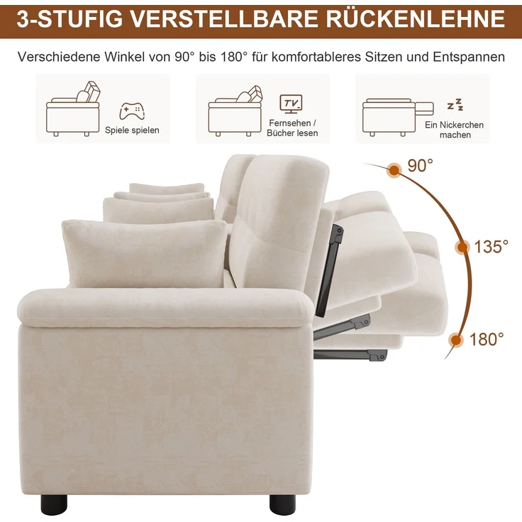Merax U-förmiges Schlafsofa, ausziehbar, Doppel-Schlafauszug, verstellbare Rückenlehne, Haustierbereich, Couchtisch mit 2 Becherhaltern, 4 Kissen, Chenille, Beige, 284×138×89 cm – Bild 5