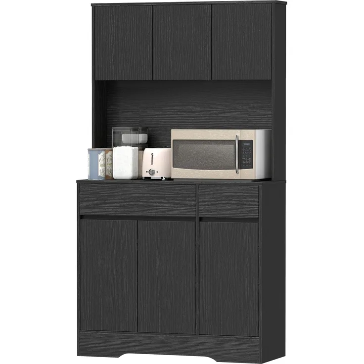 Wohnora-Buffet-Küchenschrank mit Arbeitsplatte, 6 Türen, hoher Stauraumschrank mit Regalen, Schwarz,H 1800cm x T 1000cm x B 380cm