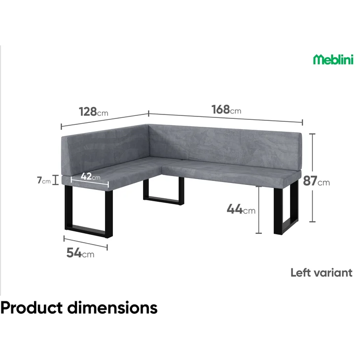 MEBLINI Eckbank für Esszimmer - Küchenbank - Essecke - Sitzecke Küche - TONI - U-Beine 128x168x87cm Links - Grau Samt – Bild 7