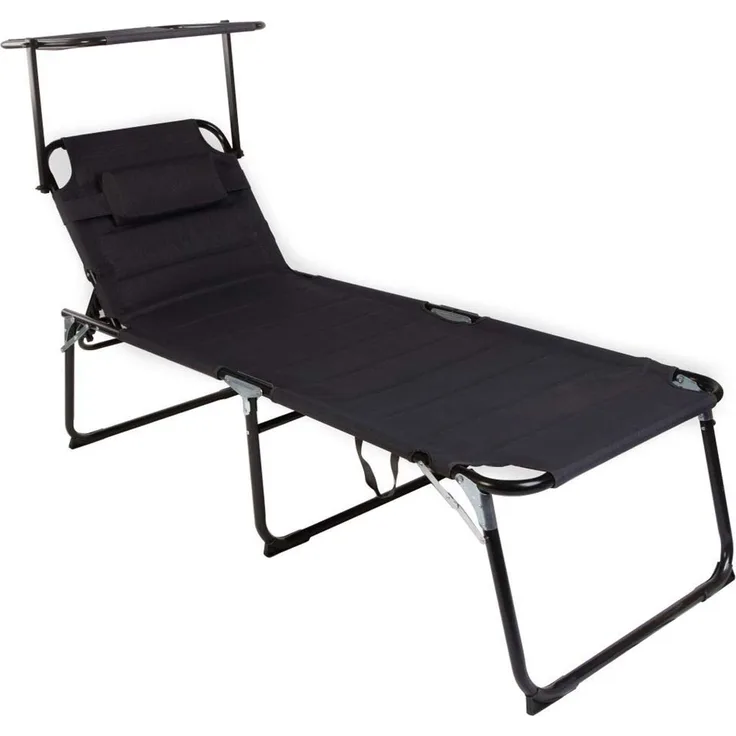 LEX XXL Gartenliege mit Sonnendach, gepolstert mit Kopfkissen, Aluminium, Schwarz, 70x200x45 cm