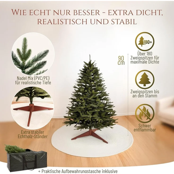 Premium Weihnachtsbaum künstlich 90cm - TESTSIEGER 10 Jahre GARANTIE - Naturgetreu, dichte Zweige, Künstlicher Weihnachtsbaum mit Holzständer, Christmas Tree Tannenbaum künstlich 90 cm Pure Living – Bild 3