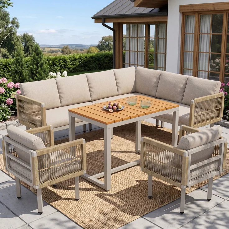 Merax 6-teiliges Gartenlounge-Set, Ecksofa mit 2 Sesseln & Tisch, wetterfestes Stahlgestell, Seilgeflecht-Design, Outdoor Lounge für Balkon & Terrasse, Beige – Bild 1