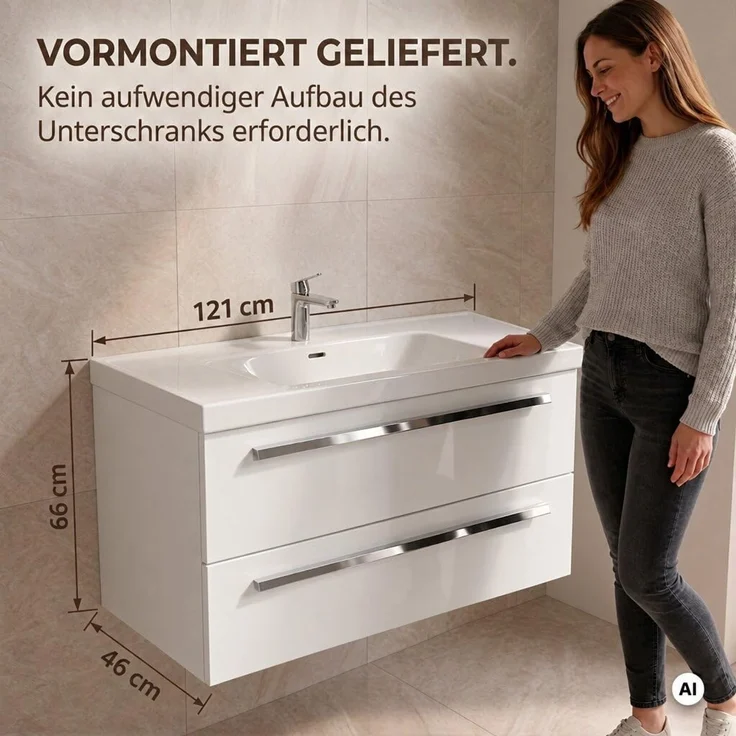BADEDU TESSANO Waschbecken mit Unterschrank 120 cm breit, Weiß, Waschbecken Keramik Weiß – Bild 2