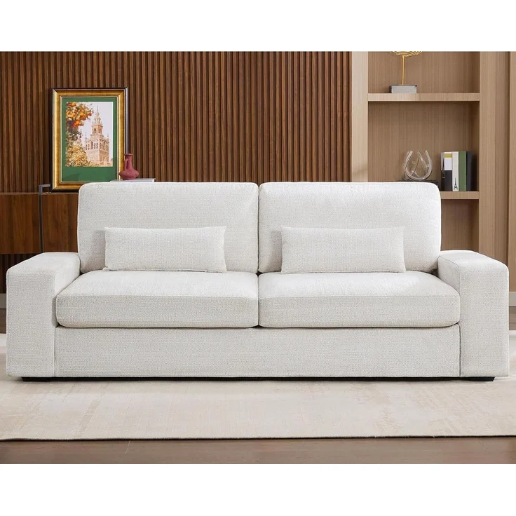 Sofa 3-Sitzer 220 cm beige Chenille 59 cm Sitztiefe breite Armlehnen – Bild 3