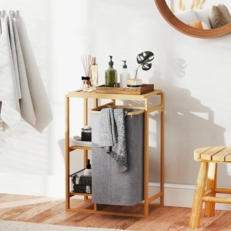 Avilia Badezimmerschrank aus Bambus mit Wäschekorb aus Stoff und 2 Einlegeböden – 50 x 30 x 70 cm – Fassungsvermögen des Korbs 15 kg, Ablagen 6 kg – Korb für schmutzige Tücher, geeignet für Bad und – Bild 8