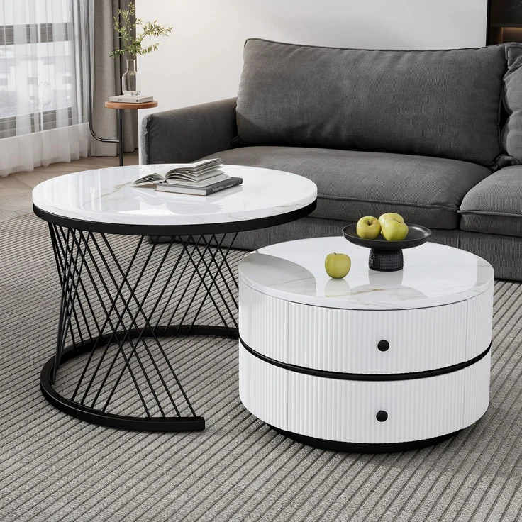 Couchtisch-Set rund, groß 60×60×46 cm und klein 50×50×31 cm, Hochglanz-Marmoroptik, MDF – Bild 5
