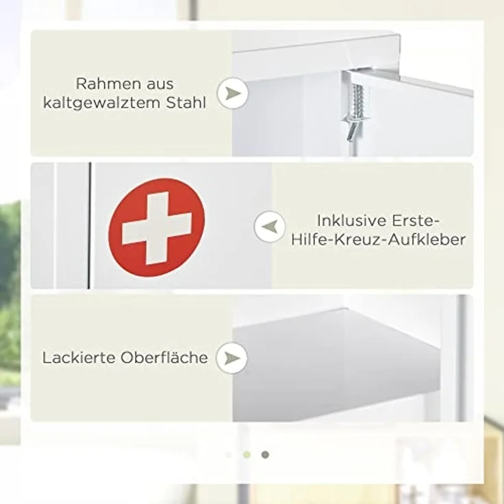 Kleankin Medizinschrank Apothekerschrank mit 3 Fächern 2 Schlüsseln (Erste Hilfe Schrank, 1-St, Medikamentenschrank) Stahl, Weiß, 40 x 15 x 53,5 cm – Bild 6