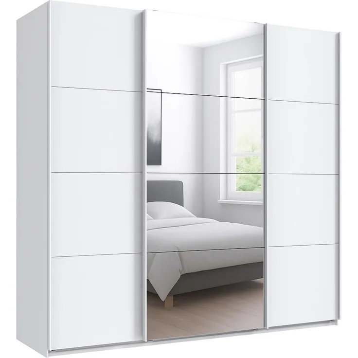 Schwebetürenschrank Kleiderschrank B225 cm extra H236 cm 3-türig Weiß, 1x Spiegeltür