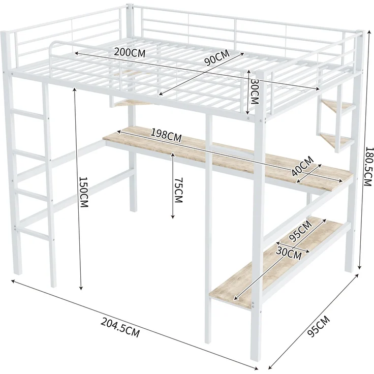 Weißes Metall-Hochbett 90×200cm mit Schreibtisch, vier dreieckigen Kleinregalen + großem Bücherregal, Stahl+E1-MDF, inkl. 24 Lattenroste, ohne Matratze, Gesamt L204,5 × T95 × H180,5 cm – Bild 6