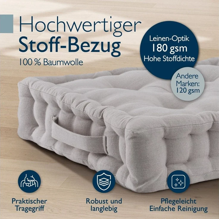 Beautissu Stuhlkissen 4er Set Bodenkissen Sitzkissen Mila, 40x40cm, Taupe, Matratzenkissen 10cm, 100% Baumwolle Stuhlkissen Indoor & Outdoor – Bild 3