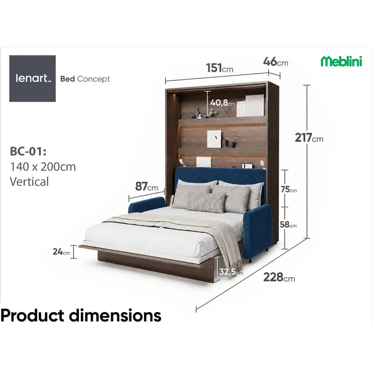 MEBLINI Schrankbett BC-01 - 140x200cm Vertikal - Dunin Eiche/Blau mit Matratze - mit Sofa - Wandbett mit Lattenrost - Klappbett mit Schrank - Wandklappbett - Murphy Bed – Bild 7